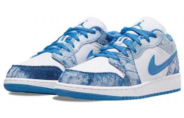 Nike Air Jordan 1 Low Tops Gs Washed Sko Herre Hvite Blå