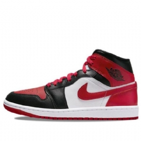 Nike Air Jordan 1 Mid Tops Bred Tå Retro Basketball Shoes Dame Svarte Rød