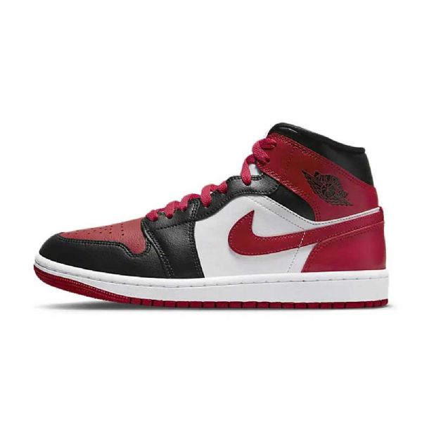 Nike Air Jordan 1 Mid Tops Bred Tå Sko Dame Svarte Hvite Burgunder