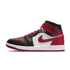 Nike Air Jordan 1 Mid Tops Bred Tå Sko Dame Svarte Hvite Burgunder
