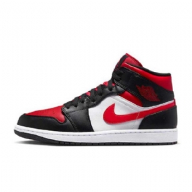Nike Air Jordan 1 Mid Tops Bred Tå Sko Herre Svarte Hvite Rød