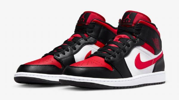Nike Air Jordan 1 Mid Tops Bred Tå Sko Herre Svarte Hvite Rød