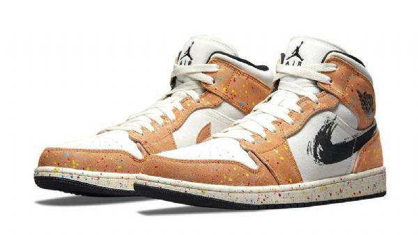 Nike Air Jordan 1 Mid Tops Brushstroke Sko Herre Korall Grå