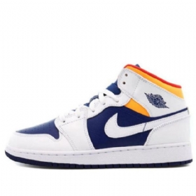 Nike Air Jordan 1 Mid Tops Gs Basketsko Herre Hvite Dyp Kongeblå Blå