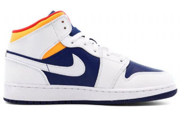 Nike Air Jordan 1 Mid Tops Gs Basketsko Herre Hvite Dyp Kongeblå Blå