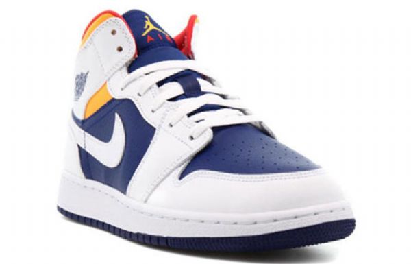 Nike Air Jordan 1 Mid Tops Gs Basketsko Herre Hvite Dyp Kongeblå Blå