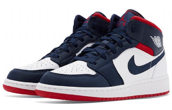Nike Air Jordan 1 Mid Tops Gs Basketsko Herre Marineblå Hvite Rød