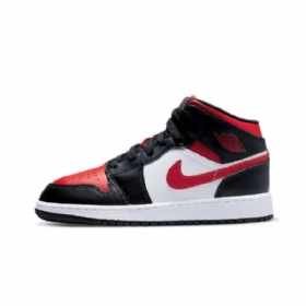 Nike Air Jordan 1 Mid Tops Gs Bred Tå Sko Dame Svarte Rød Hvite