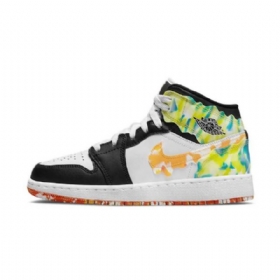 Nike Air Jordan 1 Mid Tops Gs Drip Sko Dame Svarte Hvite Grønn