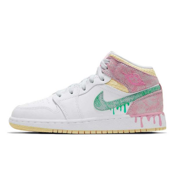 Nike Air Jordan 1 Mid Tops Gs Paint Drip Sko Dame Hvite Rosa
