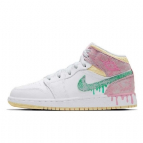 Nike Air Jordan 1 Mid Tops Gs Paint Drip Sko Dame Hvite Rosa
