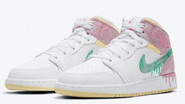 Nike Air Jordan 1 Mid Tops Gs Paint Drip Sko Dame Hvite Rosa