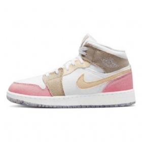 Nike Air Jordan 1 Mid Tops Gs Tan Sko Dame Rosa Brune Hvite