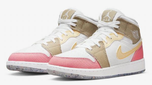 Nike Air Jordan 1 Mid Tops Gs Tan Sko Dame Rosa Brune Hvite