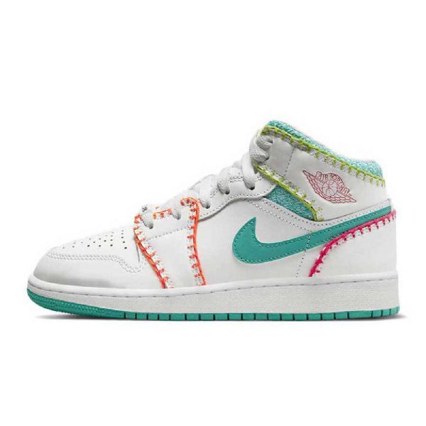 Nike Air Jordan 1 Mid Tops Knit Gs Sko Dame Hvite Multicolor