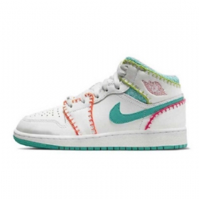 Nike Air Jordan 1 Mid Tops Knit Gs Sko Dame Hvite Multicolor