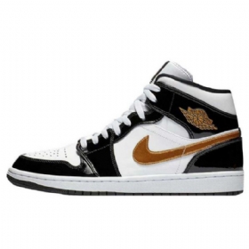 Nike Air Jordan 1 Mid Tops Patent Sko Herre Svarte Hvite Gull