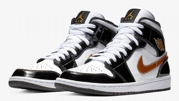 Nike Air Jordan 1 Mid Tops Patent Sko Herre Svarte Hvite Gull