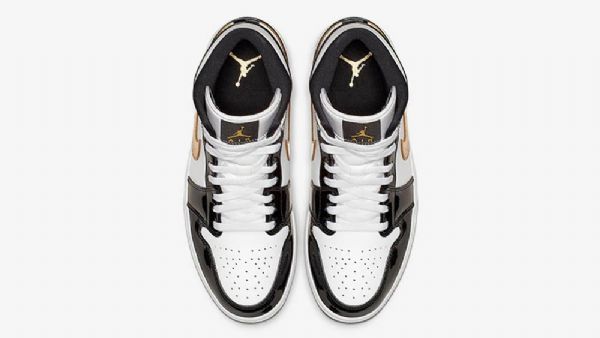 Nike Air Jordan 1 Mid Tops Patent Sko Herre Svarte Hvite Gull