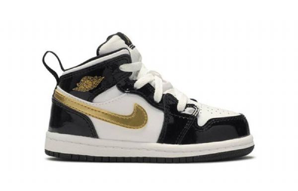 Nike Air Jordan 1 Mid Tops Patent Td Sko Barn Svarte Gull