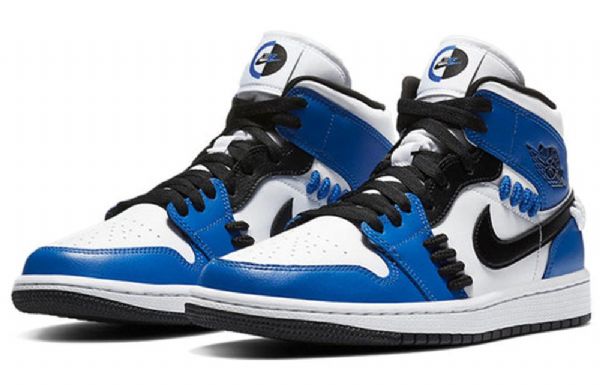 Nike Air Jordan 1 Mid Tops Retro Basketball Shoes Dame Blå Hvite
