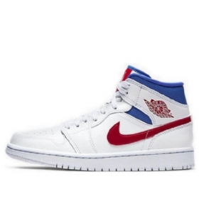 Nike Air Jordan 1 Mid Tops Retro Basketball Shoes Dame Hvite Blå Rød