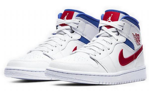 Nike Air Jordan 1 Mid Tops Retro Basketball Shoes Dame Hvite Blå Rød