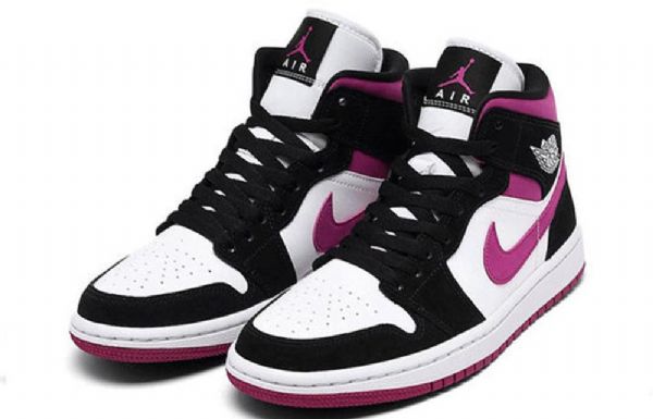 Nike Air Jordan 1 Mid Tops Retro Basketball Shoes Dame Svarte Hvite Lilla