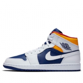 Nike Air Jordan 1 Mid Tops Retro Basketball Shoes Herre Hvite Dyp Kongeblå Blå