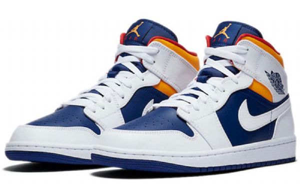 Nike Air Jordan 1 Mid Tops Retro Basketball Shoes Herre Hvite Dyp Kongeblå Blå