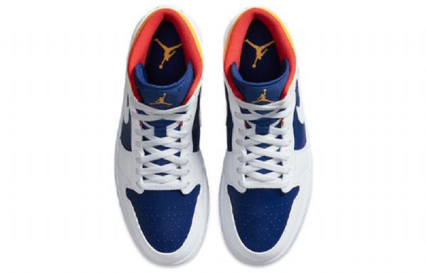 Nike Air Jordan 1 Mid Tops Retro Basketball Shoes Herre Hvite Dyp Kongeblå Blå