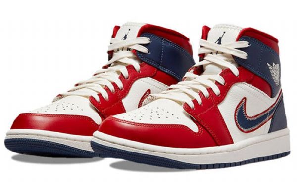 Nike Air Jordan 1 Mid Tops Se Retro Basketball Shoes Dame Rød Marineblå Hvite