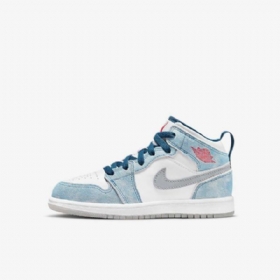 Nike Air Jordan 1 Mid Tops Se Sko Barn Blå Hvite Lyse Grå Rød