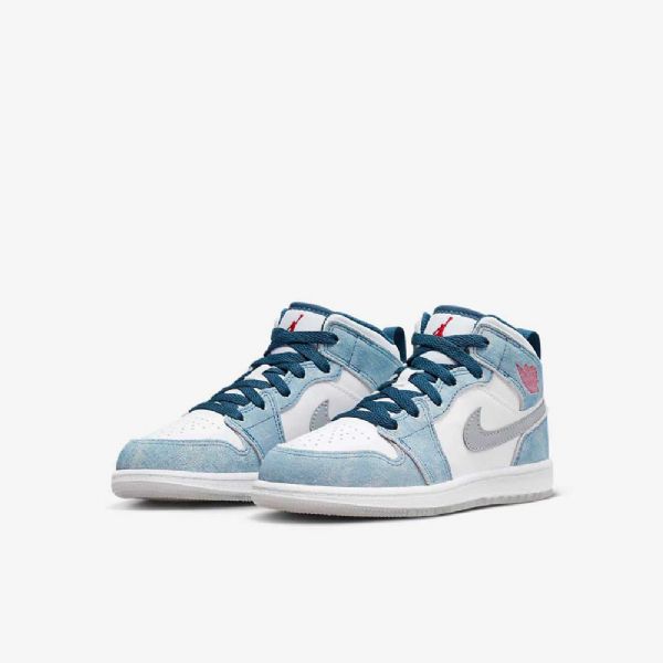 Nike Air Jordan 1 Mid Tops Se Sko Barn Blå Hvite Lyse Grå Rød