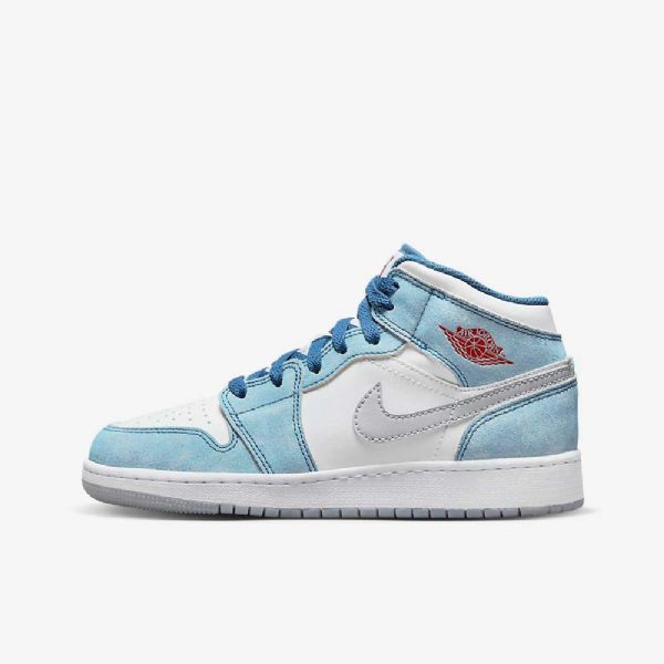 Nike Air Jordan 1 Mid Tops Se Sko Barn Blå Hvite Lyse Grå Rød