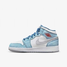 Nike Air Jordan 1 Mid Tops Se Sko Barn Blå Hvite Lyse Grå Rød