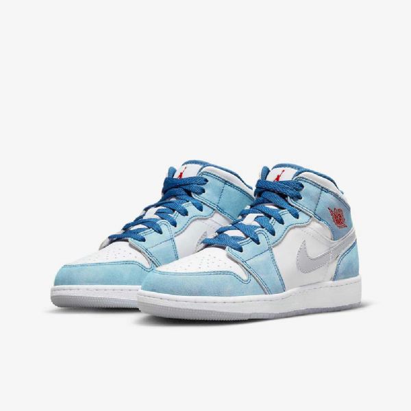 Nike Air Jordan 1 Mid Tops Se Sko Barn Blå Hvite Lyse Grå Rød