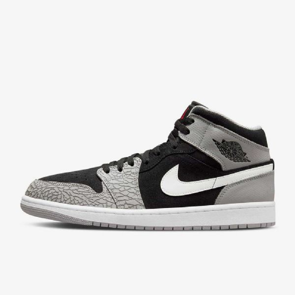 Nike Air Jordan 1 Mid Tops Se Sko Dame Svarte Hvite Lyse Grå Rød