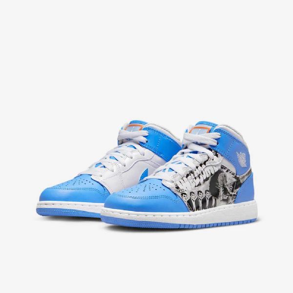 Nike Air Jordan 1 Mid Tops Sneaker School Sko Barn Hvite Blå